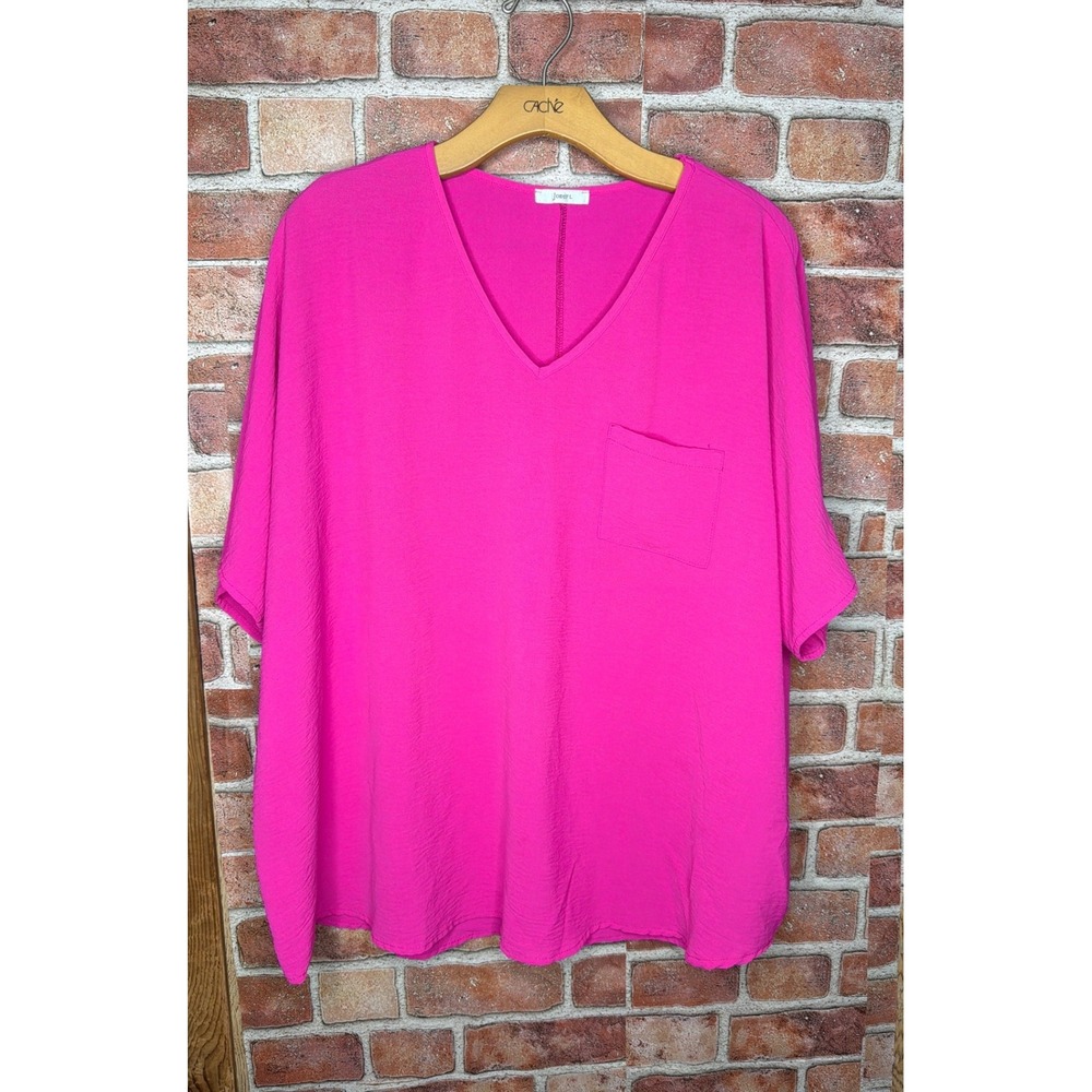 JODIFL Hot Pink V-Neck Oversized Pocket Top Short Sleeve Blouse Fuchsia XL
